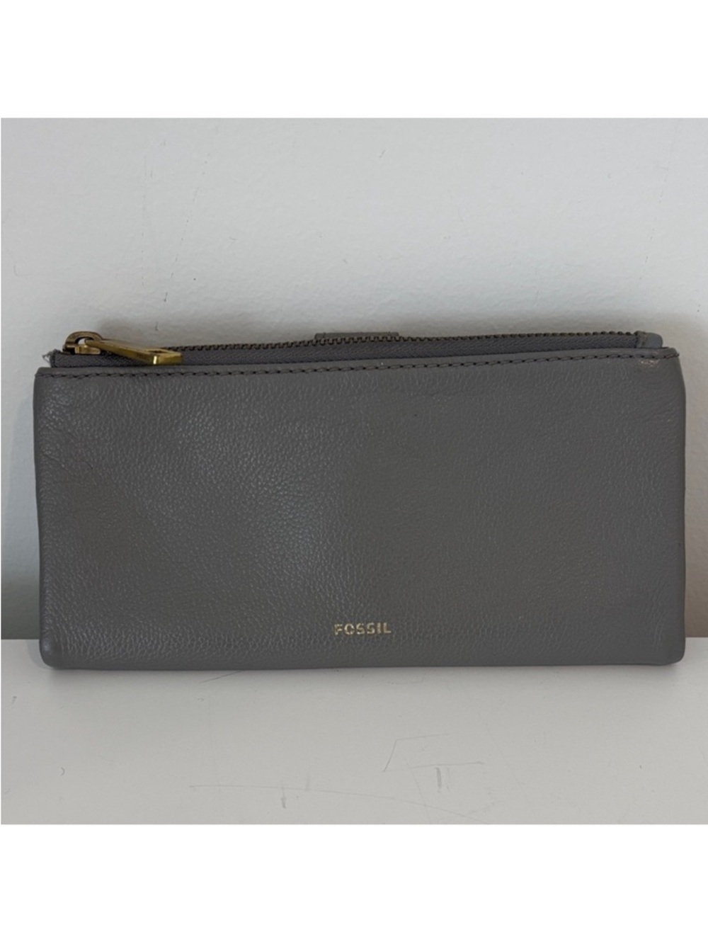 FOSSIL leather bifold wallet putty grey colour with multi pockets & slots